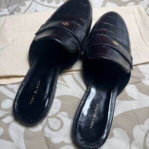TORY BURCH BALLET BACKLESS LOAFER CROC EMBOSSED LEATHER - BLACK (BRAND NEW- 9.5)